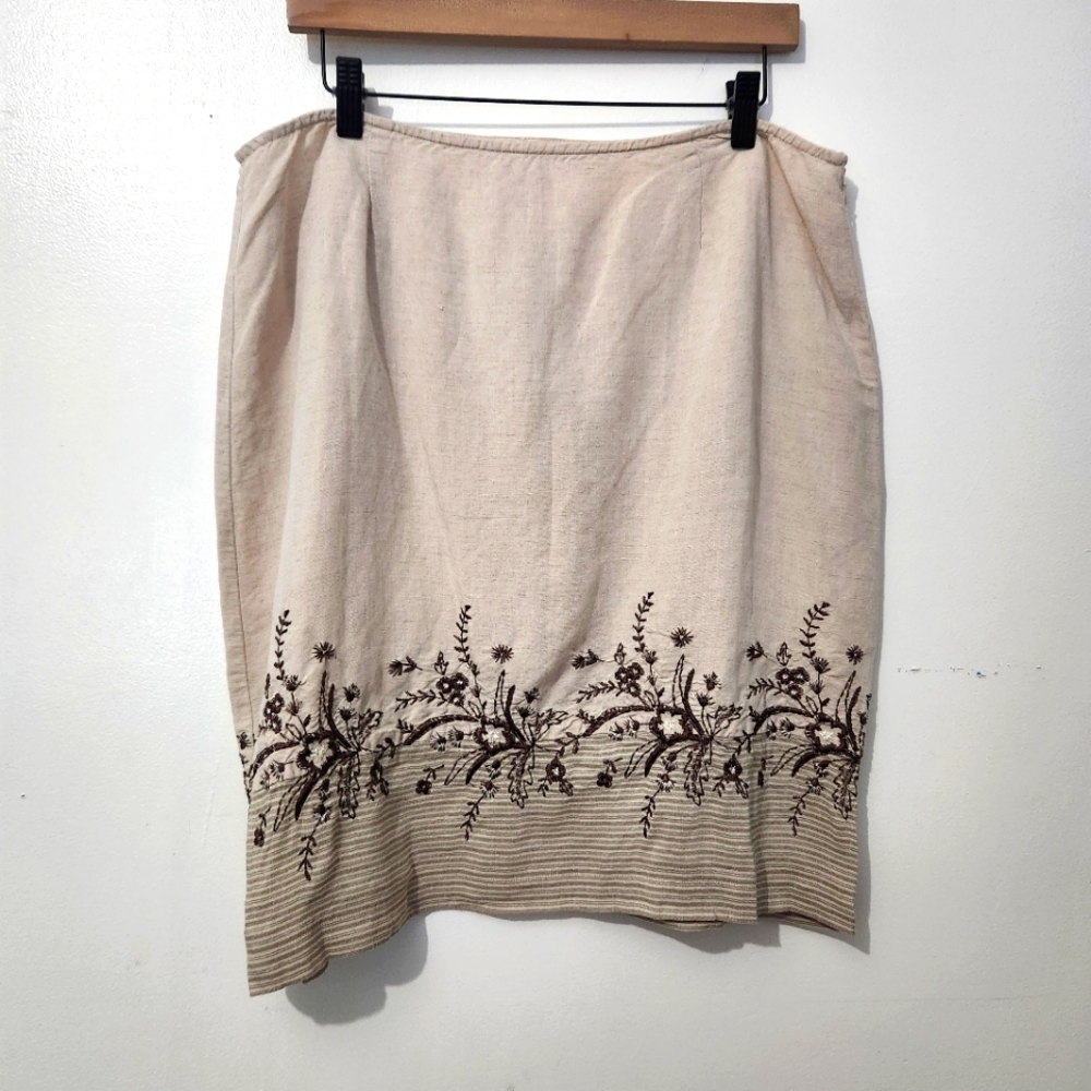 Van Heusen Size 14 Linen Blend Skirt Blue White Stripe Floral Embroidered A-Line